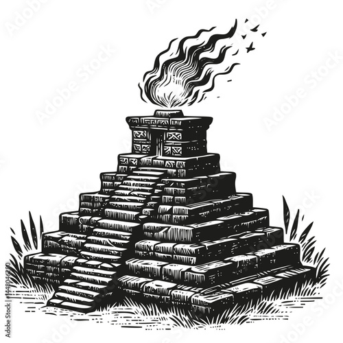 Mystical stone ziggurat illuminated by fire at its apex, showcasing ancient ceremonial customs.