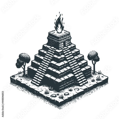 Fire-topped stone ziggurat, an emblem of ancient rituals and enduring cultural heritage.