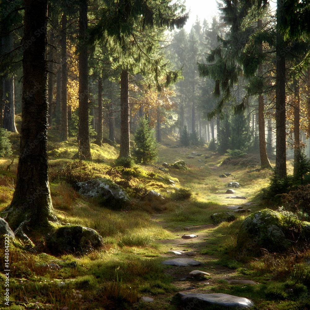 Fototapeta premium Sunlit Forest Path Autumnal woodland trail, misty morning, mossy rocks, peaceful background, ideal for nature, travel, and fantasy settings