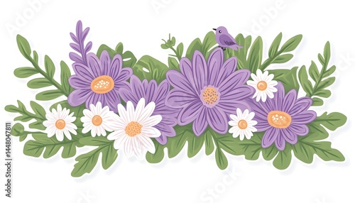Lavender and white daisies with green foliage and a small bird