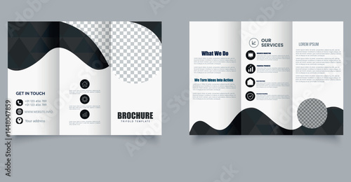 Modern Business Trifold Brochure Template with Wave Design A4 Corporate Layout for Services and Marketing. Editable image.