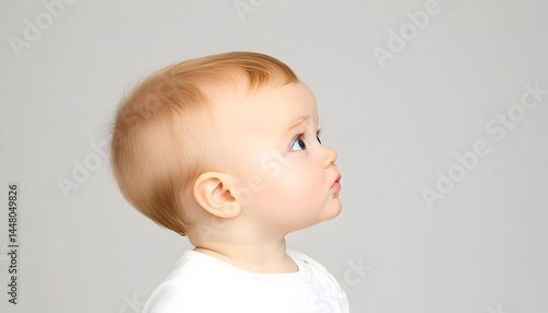 Profile view of a curious infant with light hair and skin, gazing intently to the right against a neutral background