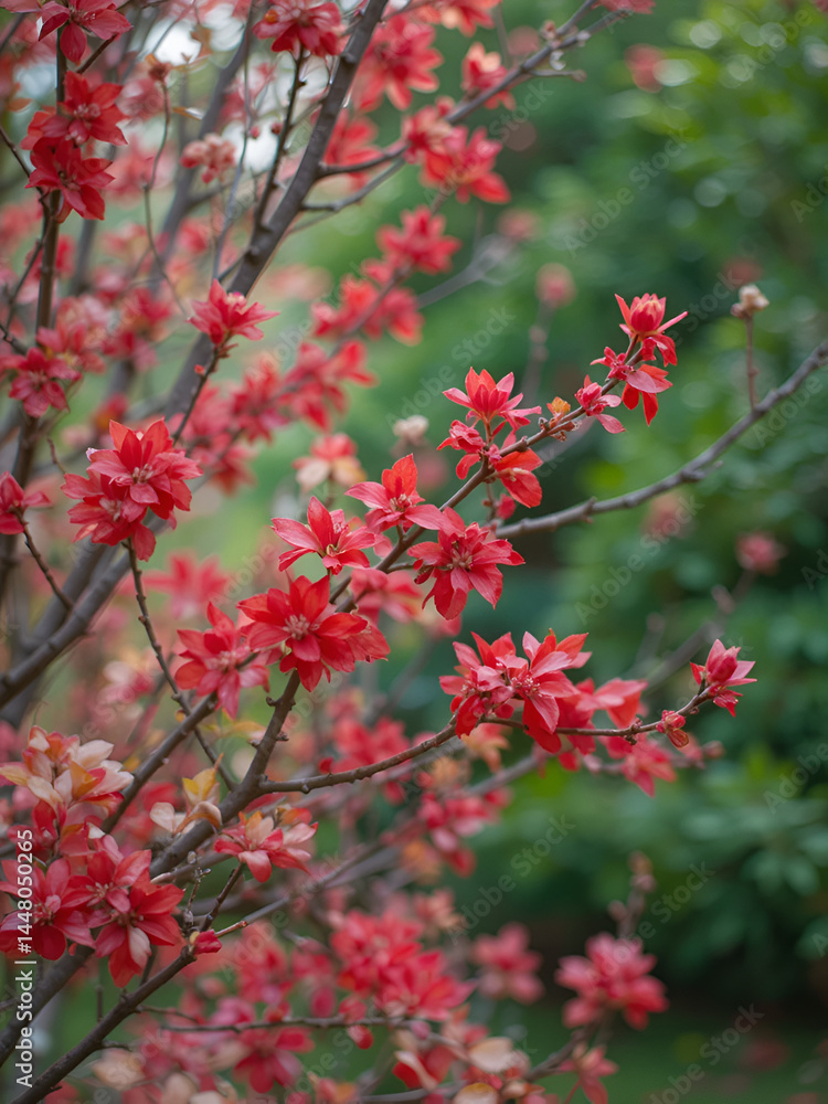 Shallow depth of field shot of bare red dogwood with green contrast background Shallow depth of field shot of bare red dogwood with green contrast background