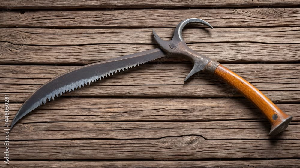 old rusty sickle on a wooden background. villager's tools. old rusty sickle on a wooden background. villager's tools.