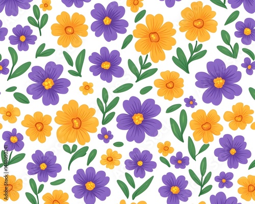 Seamless pattern of purple and orange flowers with green leaves on white background