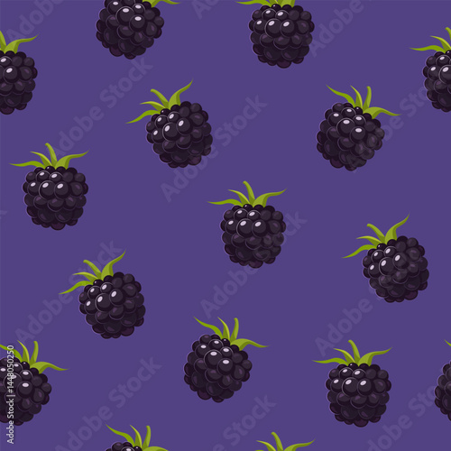 Vectoe seamless pattern with fresh yummy Blackberries isolated on purple background.