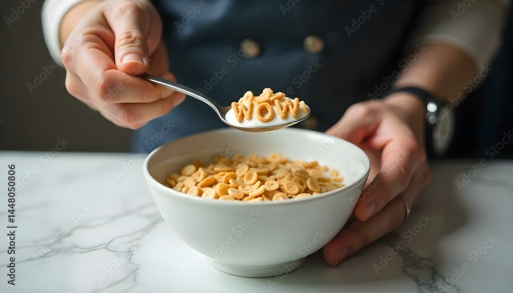 cropped image of man holding spoon with milk and cereal wow inscription above bowl on marble surface cropped image of man holding spoon with milk and cereal wow inscription above bowl on marble surface
