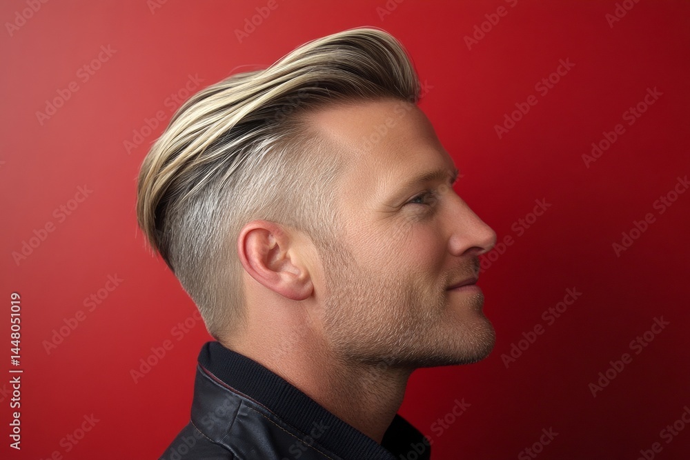 Layout of style for aging men. Fashionable men's slick back with fade haircut - midlife white man with hair. A strong and graceful male displaying confidence. Red solid background.