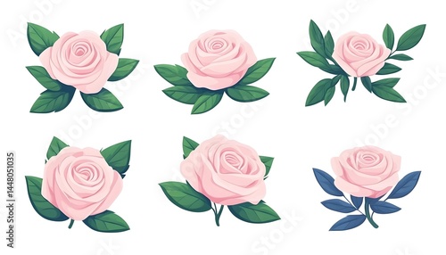 Six illustrations of pale pink roses with green and blue-green leaves, arranged in various bouquets