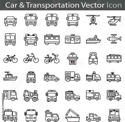 Car & Transportation flat outline icon collection set vector illustration
