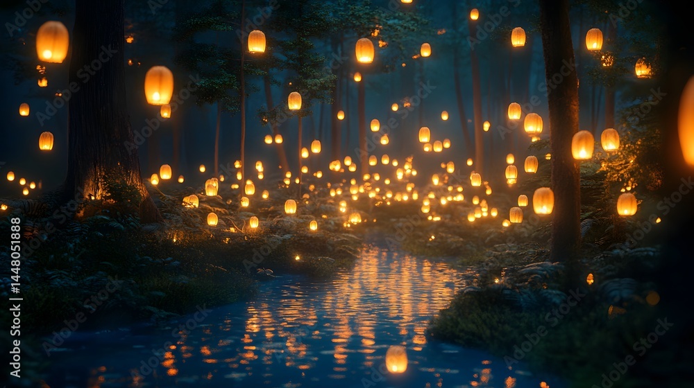 Obraz premium Enchanted Forest Path: A magical pathway winds through a mystical forest at night, illuminated by hundreds of floating lanterns casting a warm, ethereal glow on the tranquil stream.