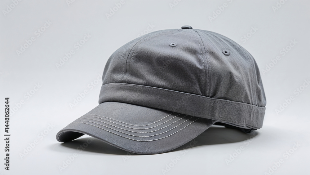 A sleek gray baseball cap is showcased on a pristine white surface, highlighting its modern style and versatile accessory appeal. A sleek gray baseball cap is showcased on a pristine white surface, highlighting its modern style and versatile accessory appeal.