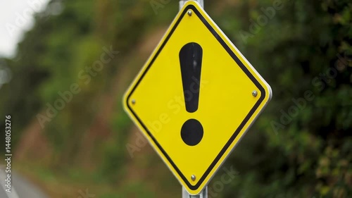 Yellow Exclamation Road Sign by Roadside