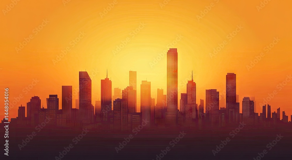 Fototapeta premium A vibrant cityscape silhouette at sunset.