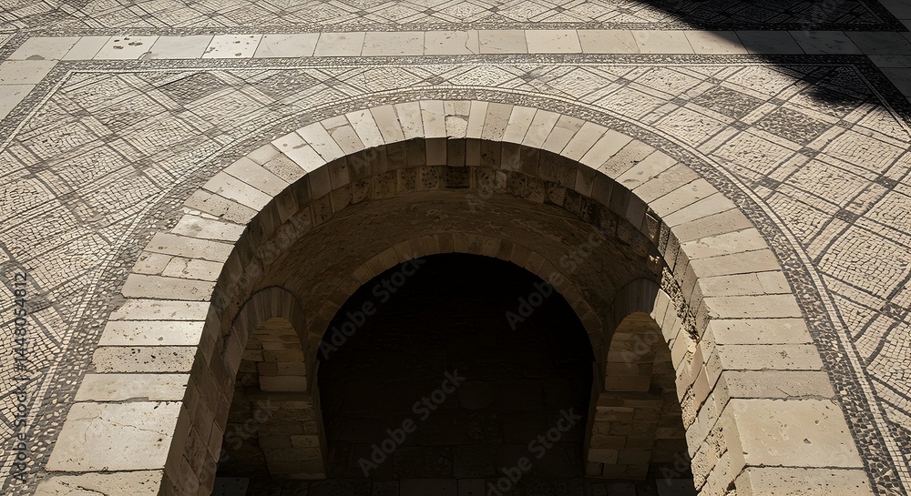 Arched Stone Entrance with Mosaic Floor in Ancient Style Arched Stone Entrance with Mosaic Floor in Ancient Style