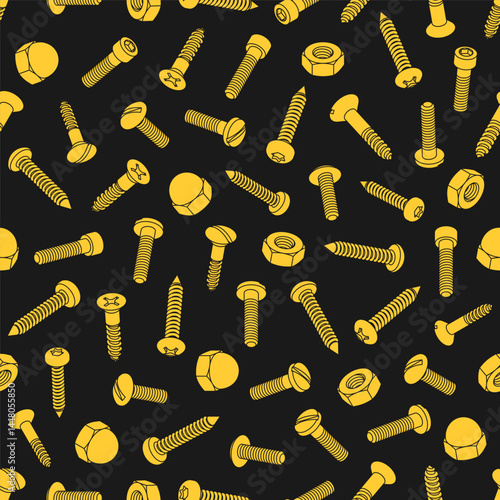 Seamless Pattern of Screws, Bolts and Nuts Yellow Silhouettes Over Black Background
