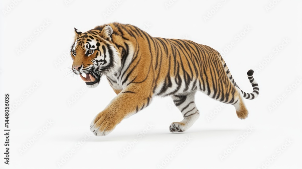 Obraz premium A majestic tiger in motion, captured mid-stride against a clean white background.