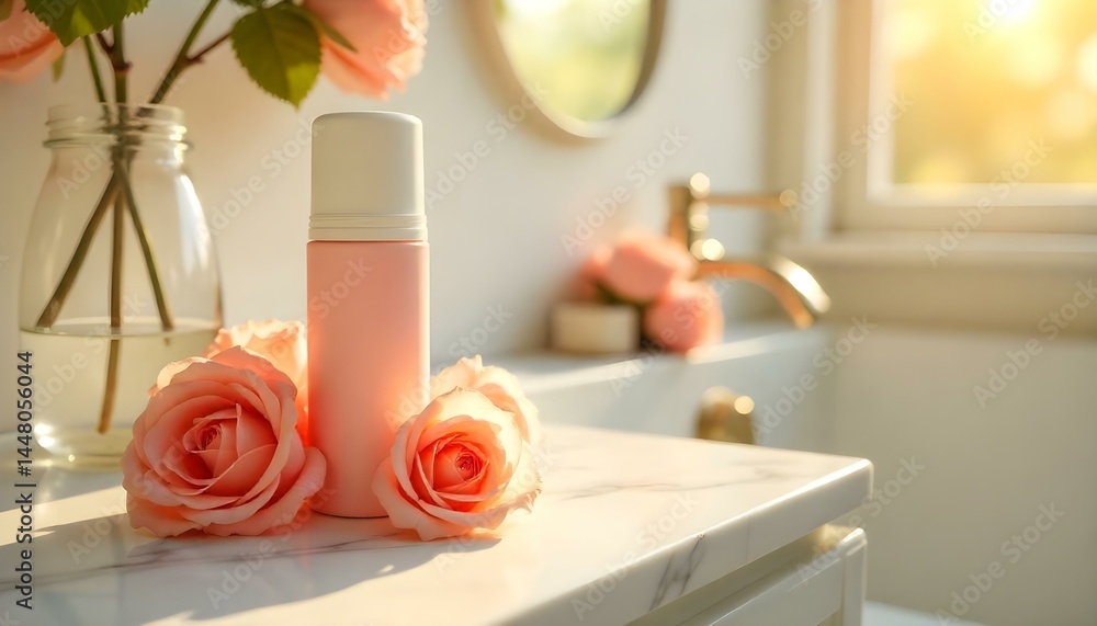 roll on bottle of deodorant with roses isolated on white roll on bottle of deodorant with roses isolated on white