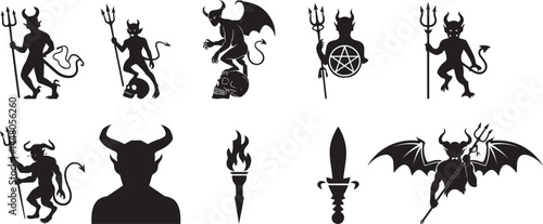 Set of Silhouettes Depicting Demonic Figures and Symbols