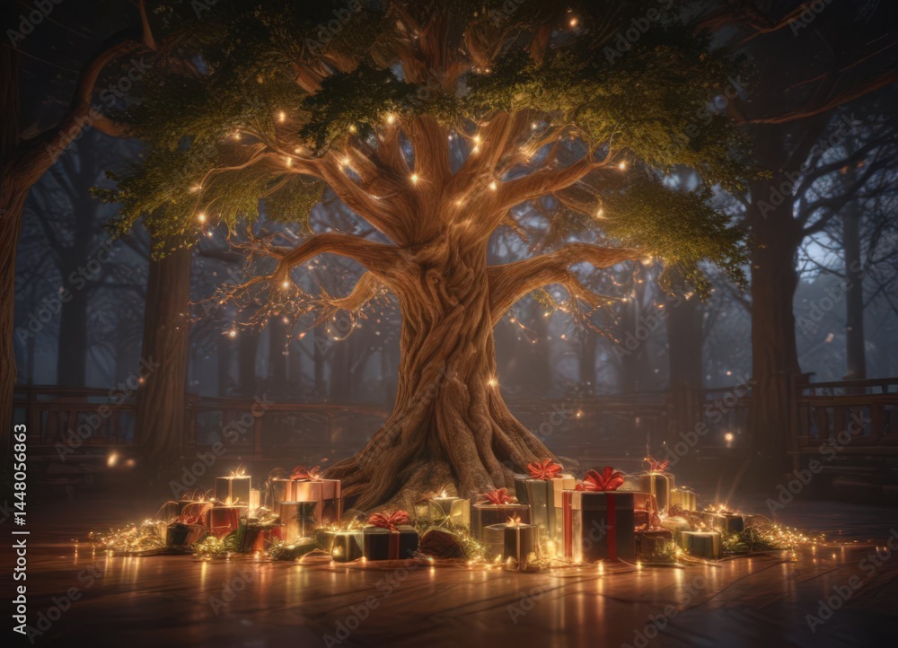 Obraz premium Glowing lights, lavish gifts around a majestic tree Rich textures, joyful scene , cheerful, presents, beautiful