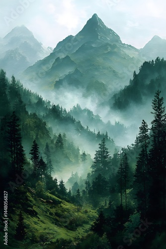 Dawn breaking over misty emerald peaks in watercolor wash