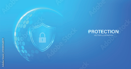 Protection. Healthcare. Insurance. Cyber security. Network safety. Protection shield with Check mark icon inside transparent sphere shield with hexagon pattern on blue background. Vector illustration