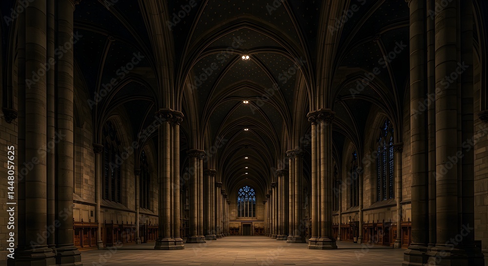 Fototapeta premium Cathedral Interior with Stone Columns and Vaulted Ceiling