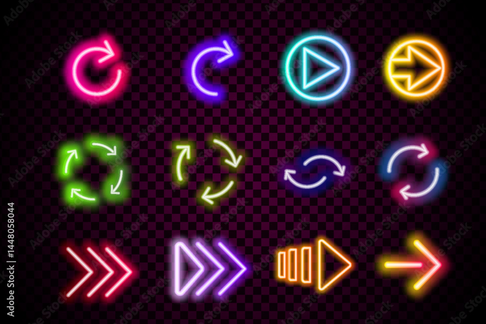 Neon arrow signs set. Collection of colorful neon arrows, web icons on black background. Banner design, bright advertising signboard elements. Vector illustration. Neon arrow signs set. Collection of colorful neon arrows, web icons on black background. Banner design, bright advertising signboard elements. Vector illustration.