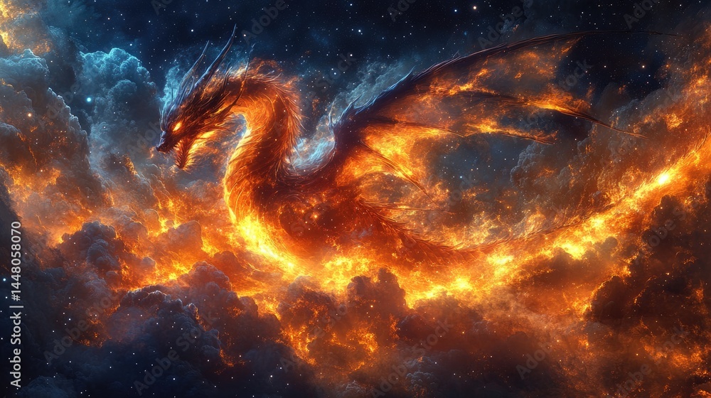 A majestic dragon gliding through a cosmic nebula filled with fiery clouds and sparkling stars in a magical universe A majestic dragon gliding through a cosmic nebula filled with fiery clouds and sparkling stars in a magical universe
