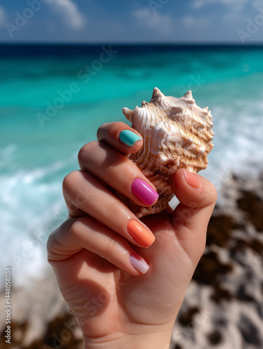 Colorful nails clasp a beautiful seashell as gentle waves lap at a sunlit tropical shoreline