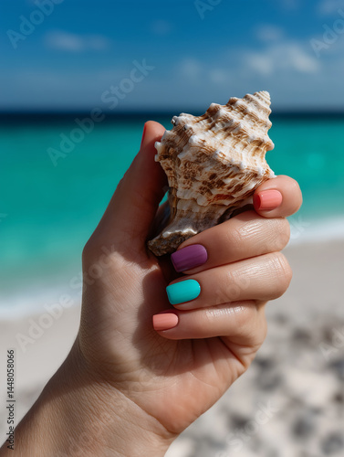 Colorful nails highlight a seashell against the stunning turquoise waters of a tropical beach