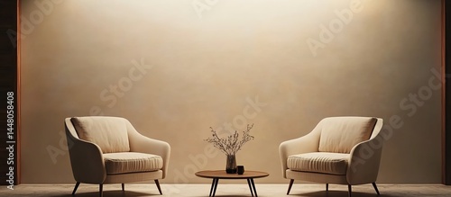 Two beige sofas facing each other with a wooden coffee table and vases in a light-toned room.