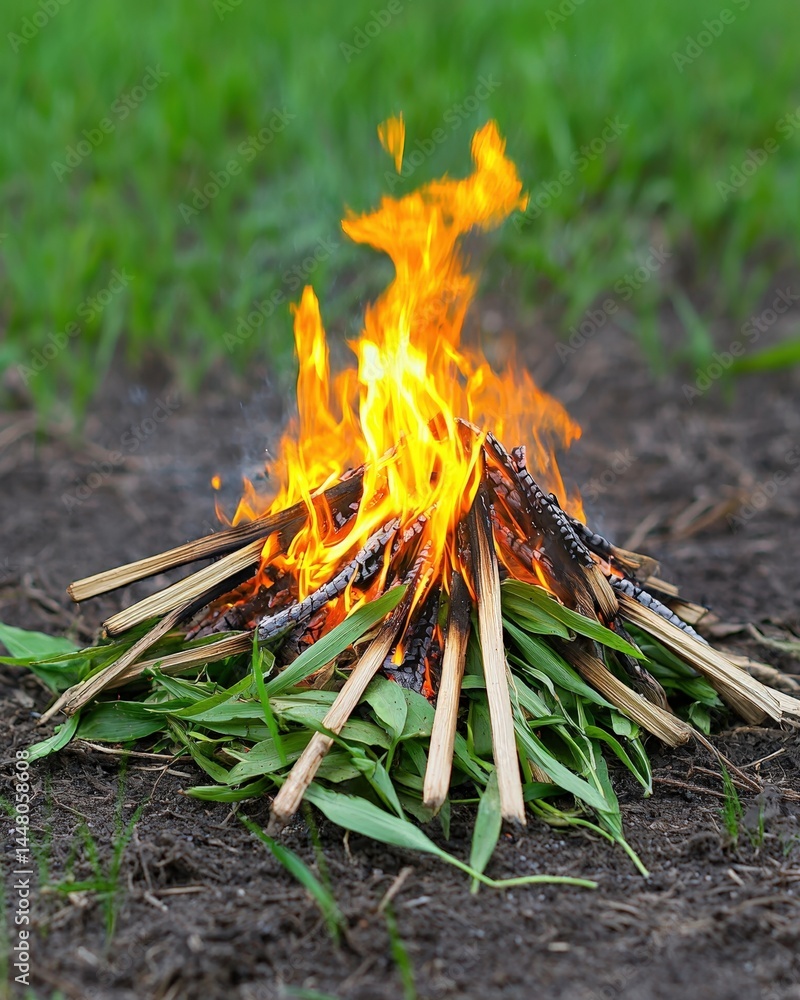 Warm and inviting campfire with glowing flames surrounded by a peaceful natural outdoor setting Warm and inviting campfire with glowing flames surrounded by a peaceful natural outdoor setting