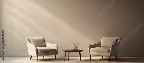 Two beige sofas facing each other with a wooden coffee table and vases in a light-toned room.