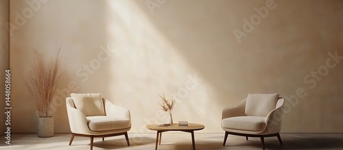 Two beige sofas facing each other with a wooden coffee table and vases in a light-toned room.