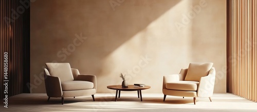 Two beige sofas facing each other with a wooden coffee table and vases in a light-toned room.