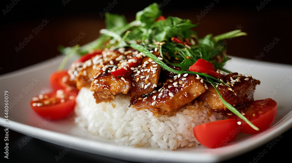 Delicious teriyaki chicken with rice and sesame seeds served with fresh arugula and cherry tomatoes a perfect eat Delicious teriyaki chicken with rice and sesame seeds served with fresh arugula and cherry tomatoes a perfect eat