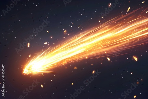 A fiery meteor streaks across a dark, star-dusted sky, leaving a glowing trail of incandescent particles