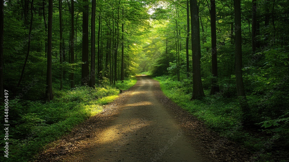 Fototapeta premium Forest path illuminated by sunlight, inviting exploration ahead