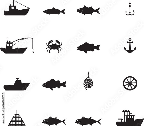 Fishing Icons Set: Silhouettes of Boats, Fish, and Fishing Gear