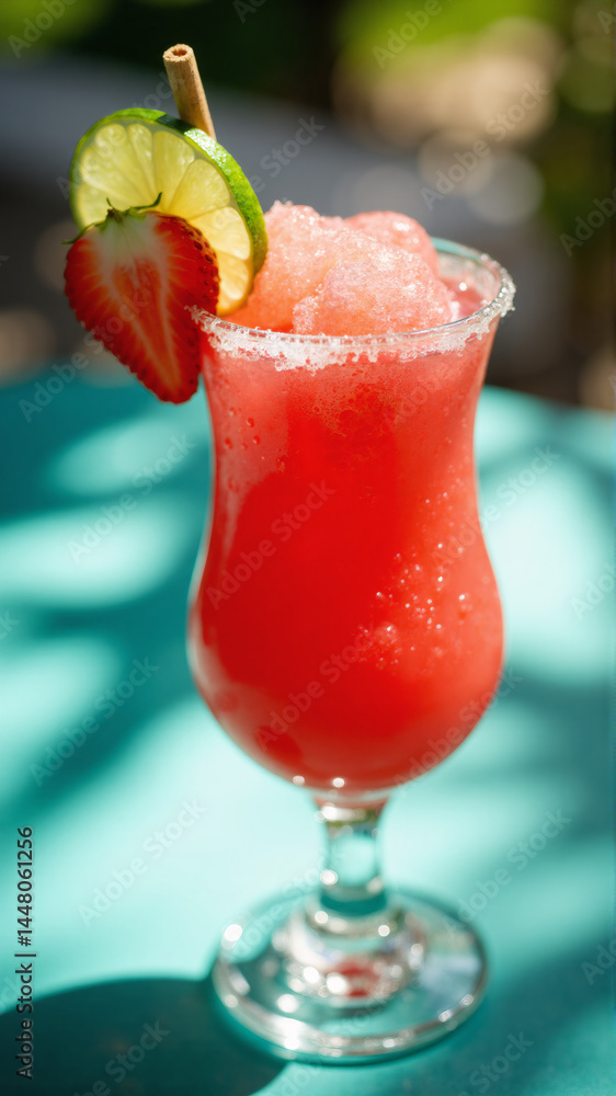 Refreshing frozen drink with fruit garnish and salt rim Refreshing frozen drink with fruit garnish and salt rim