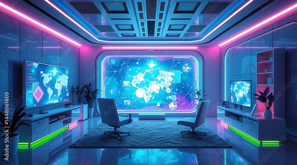 Creative light art rendering of a futuristic home office in cool colors, featuring holographic displays, ultra-modern furniture, AI-powered lighting, blues, greens, purples, and abstract patterns Creative light art rendering of a futuristic home office in cool colors, featuring holographic displays, ultra-modern furniture, AI-powered lighting, blues, greens, purples, and abstract patterns