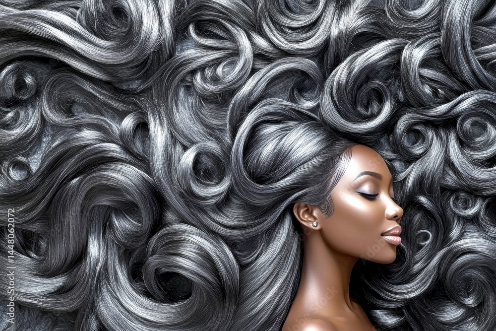Commercial ad idea. Long coiffure - highlighted hair. Attractive happy black girl - for ads, print ad and digital marketing use. Chic african american style. Creative african american model.