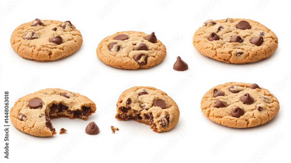 Delicious chocolate chip cookies various shapes and sizes, showcasing their tempting texture Delicious chocolate chip cookies various shapes and sizes, showcasing their tempting texture