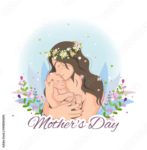 Mother and child, motherhood, custody. A mother holds a child in her arms - a postcard. Vector illustration on a transparent background.