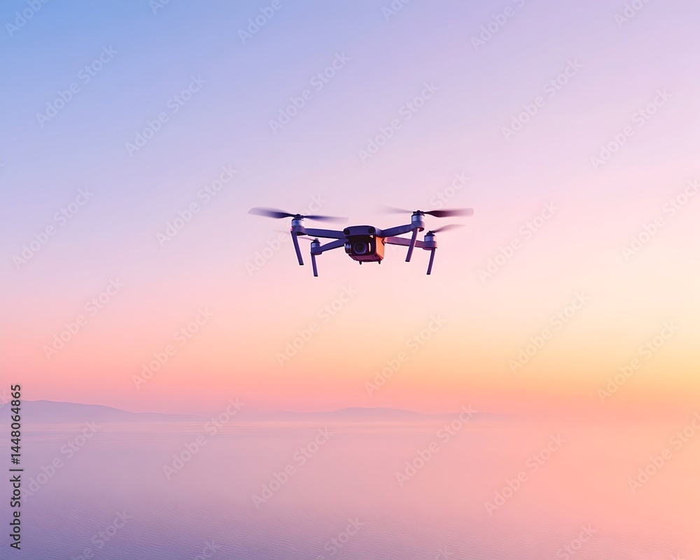 Drone in flight at sunset above a misty landscape Drone in flight at sunset above a misty landscape