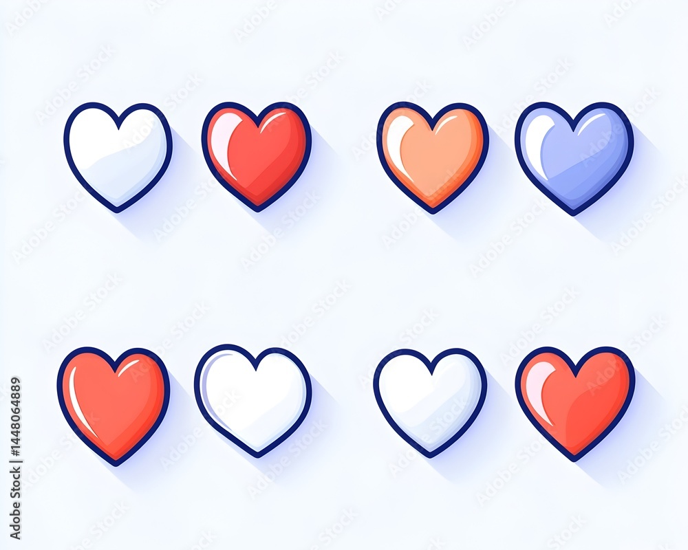 Eight glossy hearts in red, white, and blue hues, arranged in two rows of four, each with a subtle drop shadow Eight glossy hearts in red, white, and blue hues, arranged in two rows of four, each with a subtle drop shadow