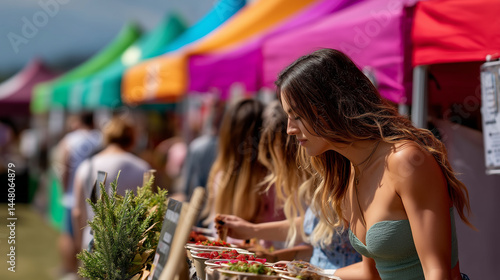 Vibrant market day with colorful stalls and enthusiastic visitors enjoying fresh local produce photo