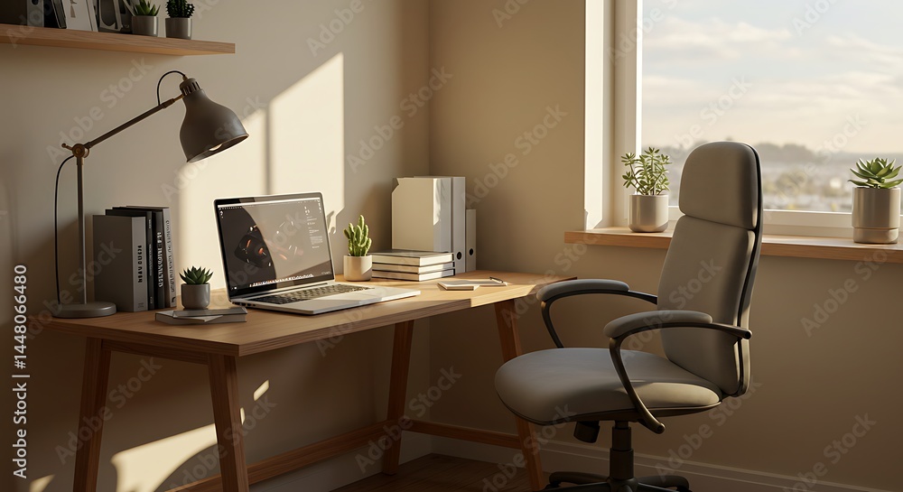Home Office Desk Setup with Laptop and Chair by the Window Home Office Desk Setup with Laptop and Chair by the Window