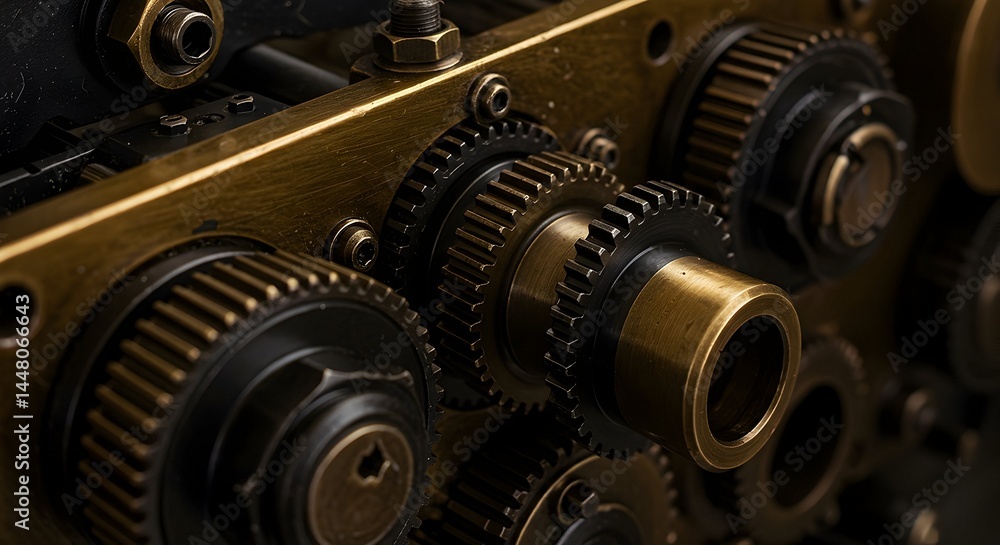 Fototapeta premium Close-up of Intricate Brass and Metal Gears System Machinery
